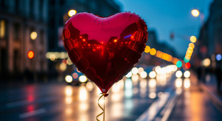 Red heart shaped foil balloon on city night street with bokeh for Valentine's Day love concept