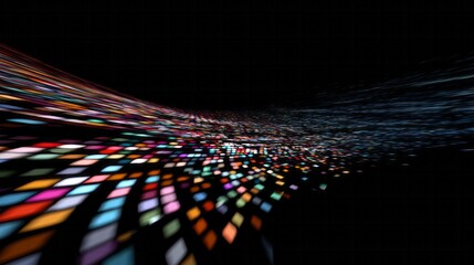 Multicolored digital data streams rush toward the viewer over a dark void.