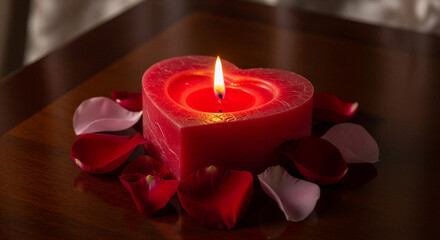Burning red heart candle with rose petals for Valentine's Day greeting card and romance background
