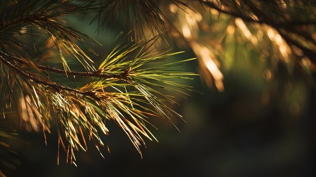 Close-up of sunlit pine needles on a branch in a forest, showcasing vibrant green and golden hues.