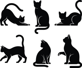 Black cat silhouettes, feline poses, animal behavior, pet illustration, vector design, sitting cat, walking cat, stretching cat, lying cat, playful cat