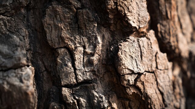Close-up of weathered tree bark texture with deep cracks and rough surface in natural light.