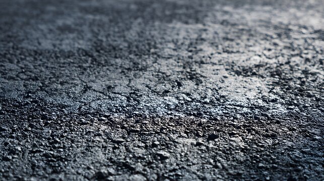 Close-up of wet asphalt road surface after rain, reflecting subtle light and colors, creating a textured background.