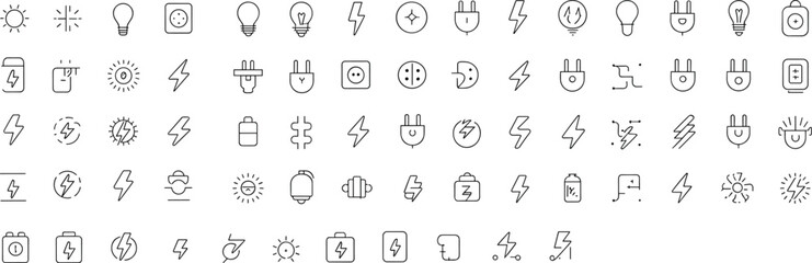 Electricity, energy, power, icons, blue, line, minimal, solar, battery, plug, outlet, bulb, lightning, meter, grid, clean, electric, voltage, charge, renewable
