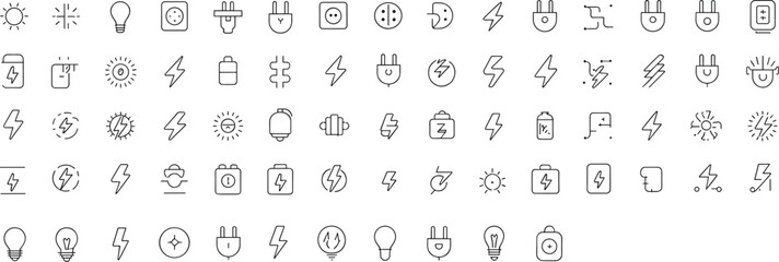 Electricity, energy, power, icons, blue, line, vector, battery, plug, socket, solar, bulb, circuit, voltage, charge, renewable, electric, grid, technology, symbol