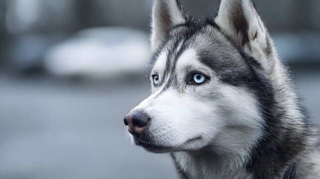 Close-up portrait of a majestic Siberian Husky with striking blue eyes looking intently to the side.