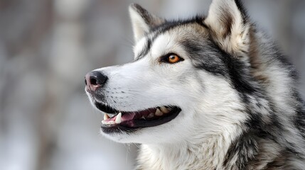 Close-up profile of a majestic Alaskan Malamute dog with striking amber eyes in a winter setting.