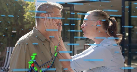 Couple conversing on patio, woman cupping man's face and hugging while finance charts overlaying - Powered by Adobe