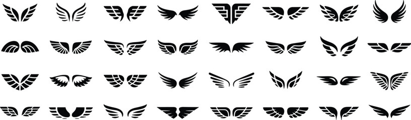 Wing icons set, vector wings, black blue wings, abstract feathers, graphic symbols, symmetrical design, logo elements, spiritual flight