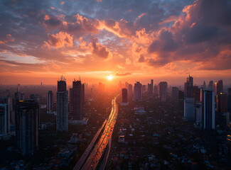 Drone view of cityscape with luminous highway in long exposure and skyscrapers under sunset sky