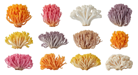 Colorful Coral Mushrooms Variety on White Background