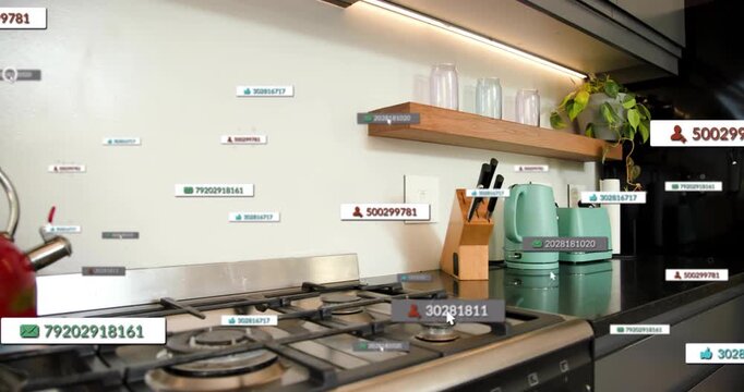 Camera panning left, AR labels appearing and aligning to annotate red kettle and mint appliances
