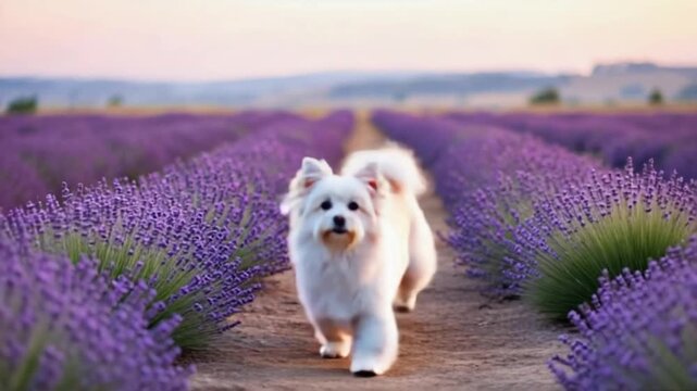 A fluffy white dog standing in a lavender field on a path during the daytime outdoors scenery dog video