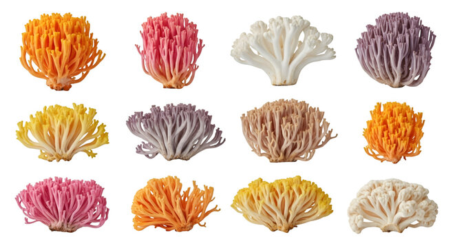 Colorful Coral Mushrooms Variety on White Background
