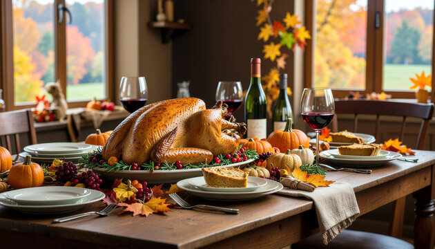 Festive Thanksgiving feast with roasted turkey, pumpkin pie, and red wine creating a warm and inviting autumn celebration for family and friends