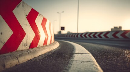 Curved Road with Red and White Chevron Barriers at Sunset.
