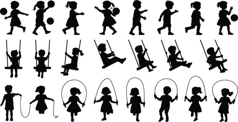 Children playing silhouette collection featuring kids walking, playing ball, swinging, jumping rope, and engaging in fun outdoor activities in vector illustration