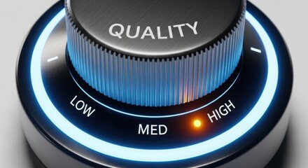 Fototapeta premium Close up of a quality control knob set to high with glowing blue and orange lights isolated on white background