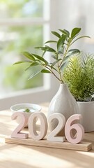 2026 New Year Vision: Sunlit Window Plant Pot Decoration on Table, Symbolizing Vitality and Future Hope for Home Gardening Interior Design.
