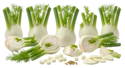 Fresh Fennel Bulbs and Slices on White Background