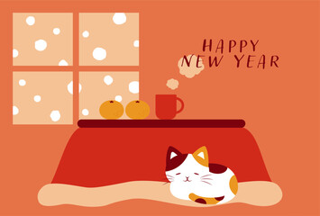 winter vector background with a Japanese cat curled up on the Kotatsu