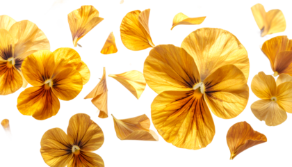 Vibrant yellow pansy flower petals scattered across a pristine white background, evoking a sense of delicate beauty and natural elegance