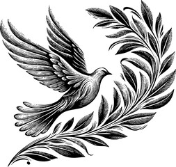 Obraz premium Engraving-style illustration of olive branch with dove on white background.