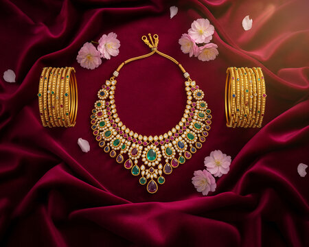 Gold Bridal Necklace and Bangles Set with Emeralds and Rubies on Rich Crimson Silk Fabric