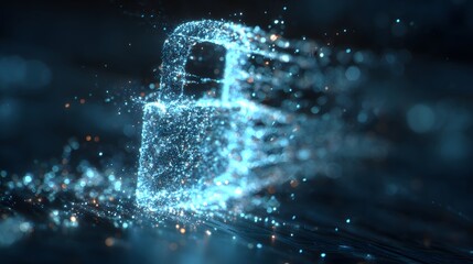 Digital padlock glowing with blue particles representing cybersecurity and data protection.