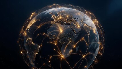 Dynamic earth globe video showing network connections over continents, representing global business, communication, and modern technology trends worldwide - Powered by Adobe
