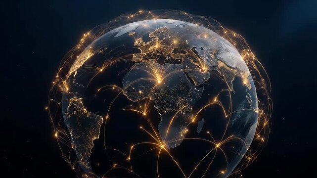 Dynamic earth globe video showing network connections over continents, representing global business, communication, and modern technology trends worldwide