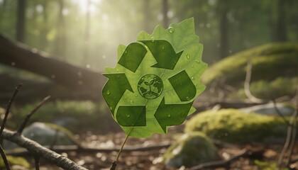 Green Leaf Featuring a Carved Recycling Symbol with an Earth Globe, Set Against a Natural Sunlit Forest