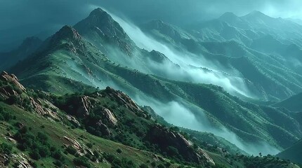 Dramatic Mountain Landscape Fog Mist Eerie Green Hills