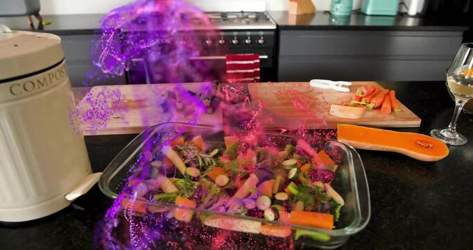 Purple particle swirl appearing near counter, wrapping glass dish with veggies and framing prep