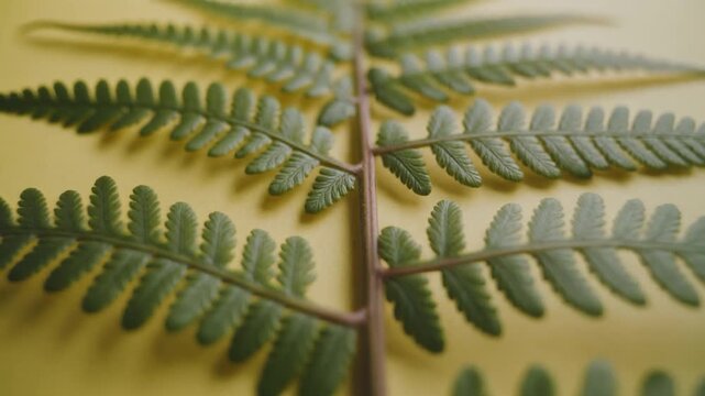Detailed close up view of a green fern frond on a yellow background.