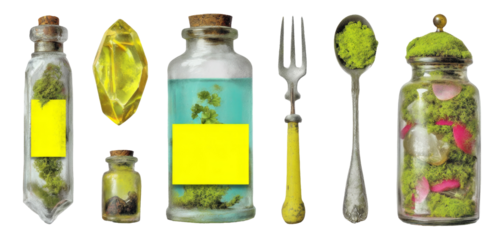 Soft Semi-Realistic Tiny Potion Figurines on Transparent Background Isolated Style