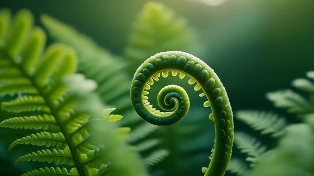 Detailed Macro Shot of a Green Fern Fiddlehead Unfurling in Nature.