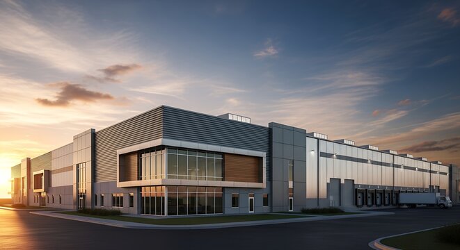 Expansive Modern Industrial Warehouse or Distribution Center with Loading Docks and Trucks at Sunset