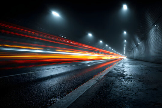 Car and truck light trails. Long exposure photo taken in a tunnel below Veliko Tarnovo
