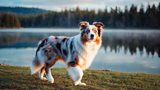 Australian shepherd standing near a lake with trees in the background on a cloudy day scene dog video