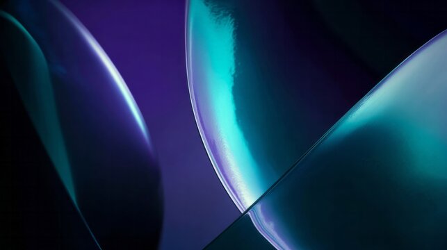 Iridescent, smoothly curved surfaces reflect vibrant cyan and deep violet lighting in abstract composition - Powered by Adobe