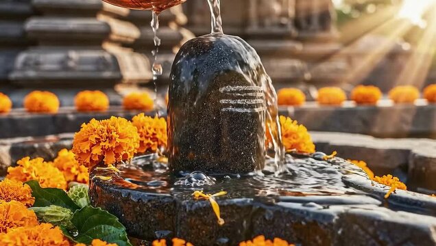 Holy Shiva Lingam Abhishek Ritual Decorated with Marigold Flowers