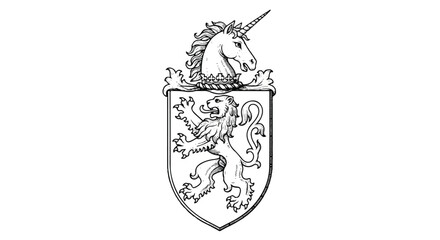 Engraved flat 2D heraldry emblem depicting a medieval shield supported by a powerful lion rampant and topped with a majestic unicorn crest, isolated on white. © Rahmanart