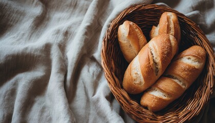 Fresh Baguettes in Wicker Basket on Soft Linen Cloth Rustic Style Bread Display