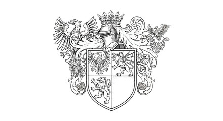 Vintage engraved heraldry illustration, featuring a powerful coat of arms with an imperial eagle, mythical dragon, and fierce lion rampant, isolated on a clean white background.
