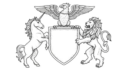 Engraved fantasy kingdom heraldry features a regal 2D flat illustration of a powerful unicorn, a majestic lion, and a fierce gryphon supporting a central shield on an isolated white background. © Rahmanart