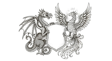 Flat 2D vintage engraved coat of arms featuring a powerful mythical dragon and a soaring phoenix supporting an elaborate heraldic shield, isolated on a clean white background. © Rahmanart