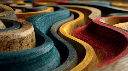 Generative AI abstract illustration of high angle of wooden maze with colorful narrow paths in blue and red with yellow colors