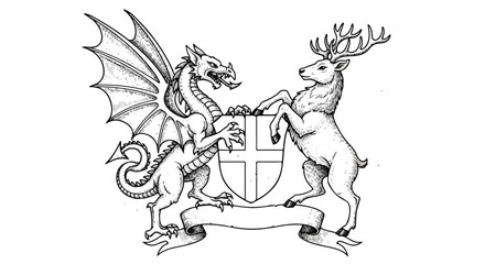 A flat 2D medieval emblem illustration, vintage engraved coat of arms showing a powerful mythical dragon and a majestic stag crest on a clean white background.