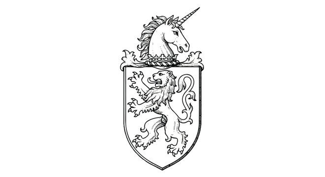 Engraved flat 2D heraldry emblem depicting a medieval shield supported by a powerful lion rampant and topped with a majestic unicorn crest, isolated on white.